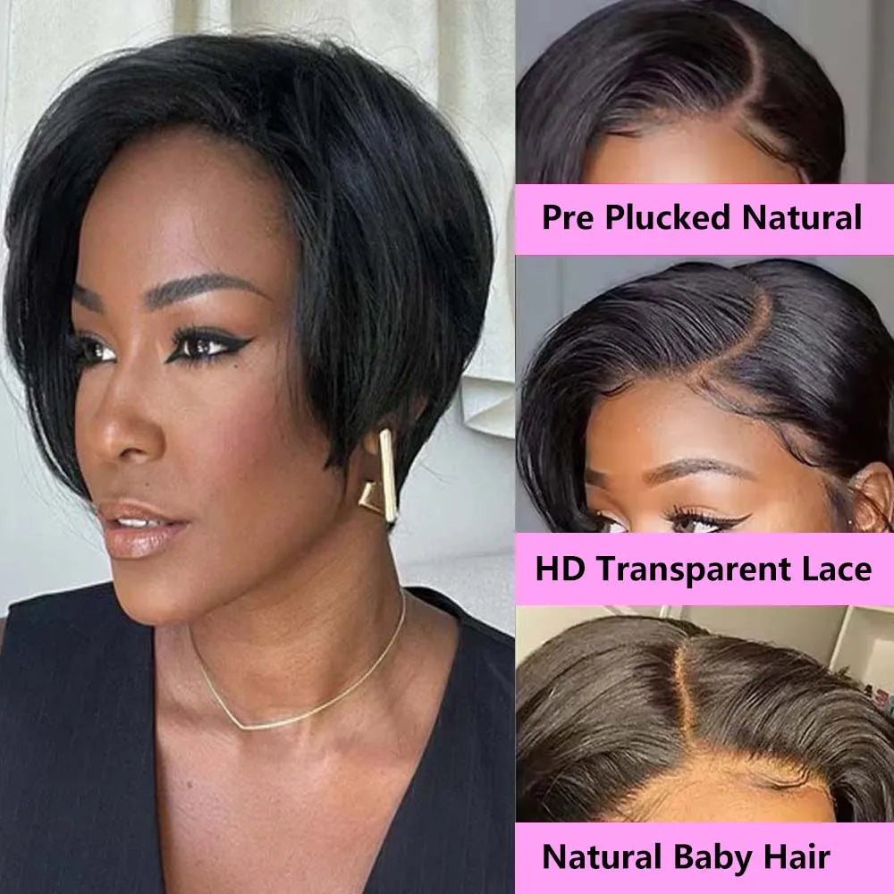 A Perruque courte coupe Pixie, cheveux naturels, coupe Pixie, 13x4, avec lace front, pré-épilée, pour femmes noires
