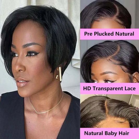 A Perruque courte coupe Pixie, cheveux naturels, coupe Pixie, 13x4, avec lace front, pré-épilée, pour femmes noires