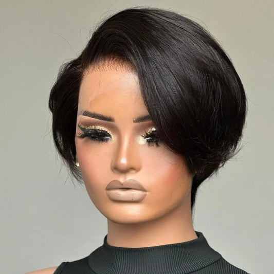 A Perruque courte coupe Pixie, cheveux naturels, coupe Pixie, 13x4, avec lace front, pré-épilée, pour femmes noires
