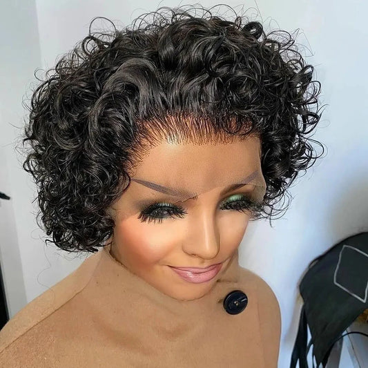 A Perruque Pixie Cut, perruque en dentelle colorée, boucles printanières, cheveux humains courts, coupe au carré, pour femmes, couleur noire naturelle, perruque bon marché, 13x1