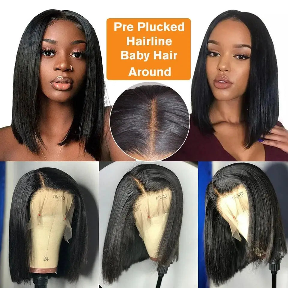 A Perruque Bob Lace Closure Wig 100% naturelle, cheveux courts lisses, 13x4, pre-plucked, sans colle, transparente, 180%
