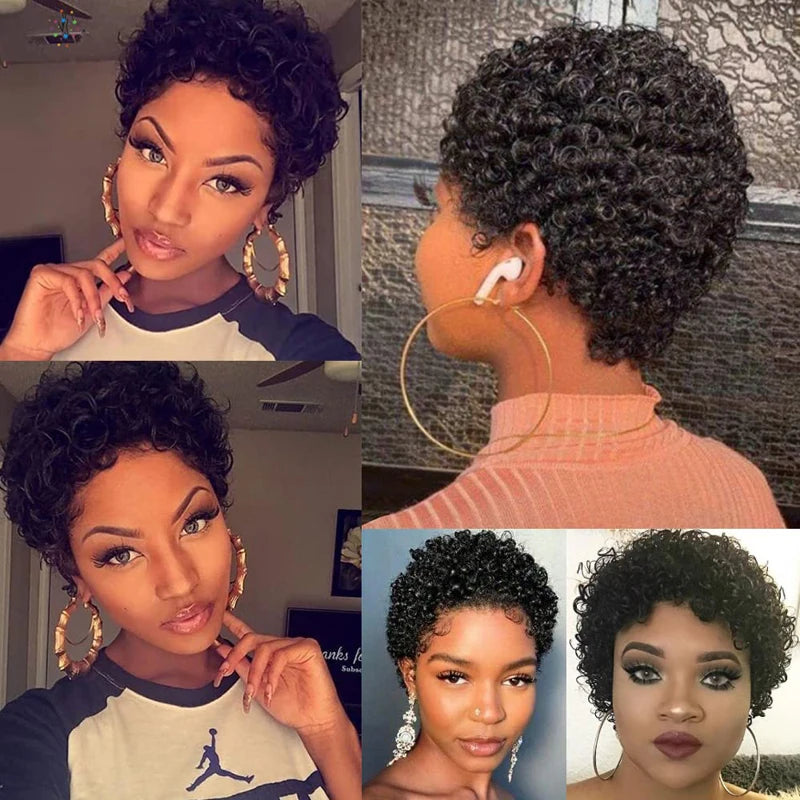 A Perruques de cheveux humains bouclés courts crépus coupe lutin cheveux humains brésiliens pour les femmes noires perruques de cheveux humains bouclés sans colle noir naturel