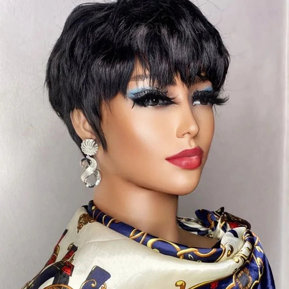 A Perruque courte brune coupe Pixie, cheveux humains pour femmes noires, perruques fabriquées à la machine avec frange, perruque brésilienne colorée, perruques en cheveux humains