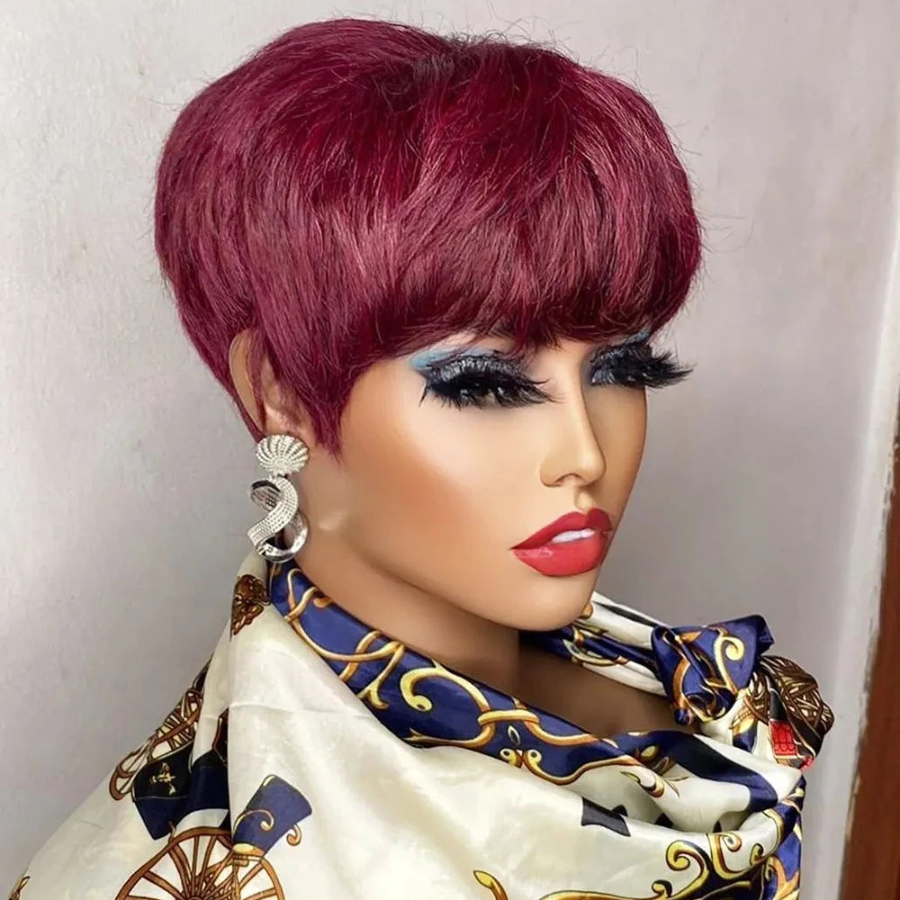 A Perruque courte brune coupe Pixie, cheveux humains pour femmes noires, perruques fabriquées à la machine avec frange, perruque brésilienne colorée, perruques en cheveux humains