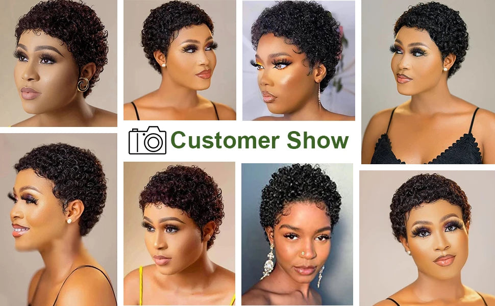 A Perruques de cheveux humains bouclés courts crépus coupe lutin cheveux humains brésiliens pour les femmes noires perruques de cheveux humains bouclés sans colle noir naturel