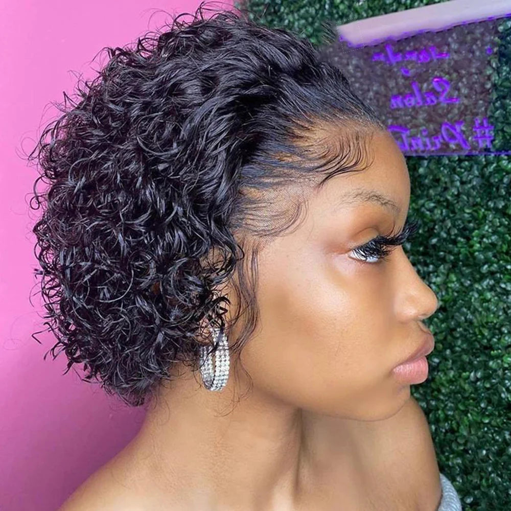 A Perruque Pixie Cut, perruque en dentelle colorée, boucles printanières, cheveux humains courts, coupe au carré, pour femmes, couleur noire naturelle, perruque bon marché, 13x1