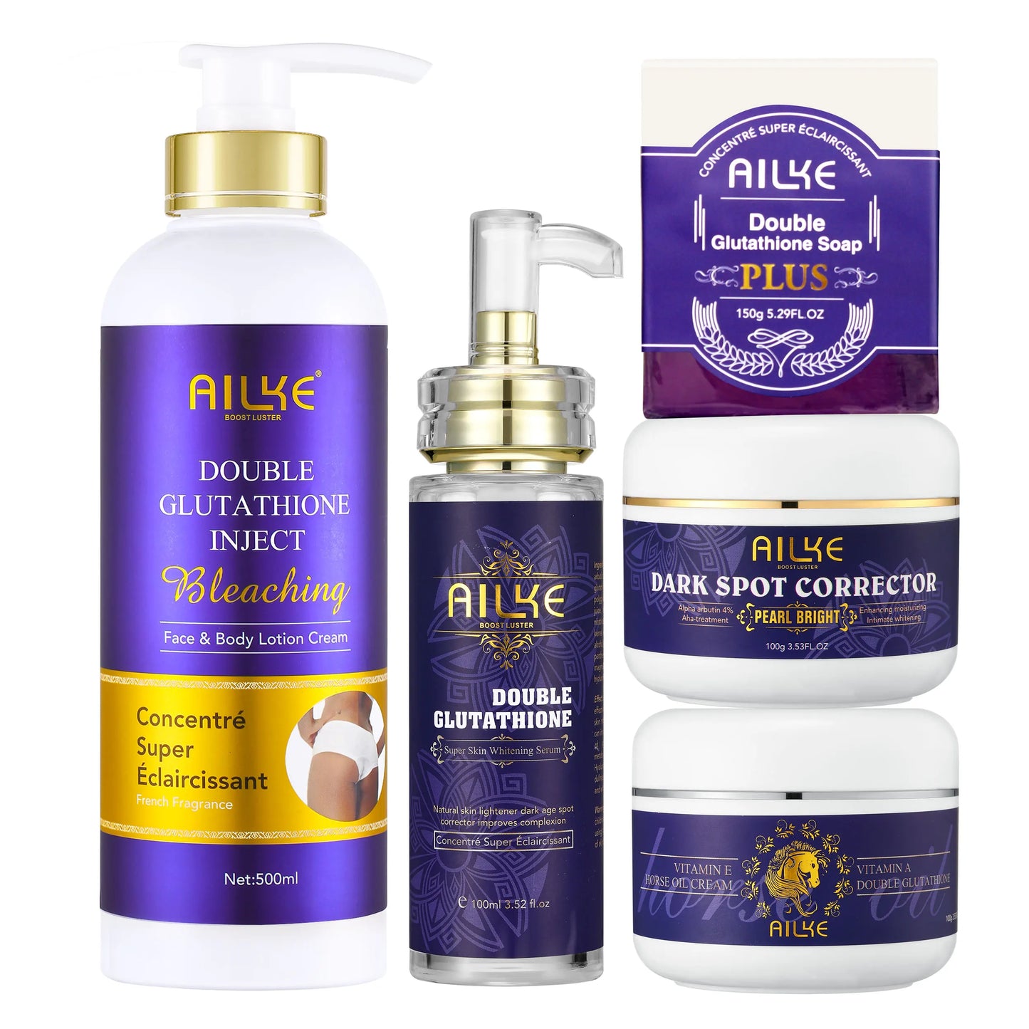 C Kit de soins pour la peau 5 en 1 F AILKE Glutathion pour femmes, avec lotion pour le corps, sérum, crème anti-taches brunes, crème pour le corps et savon éclaircissant
