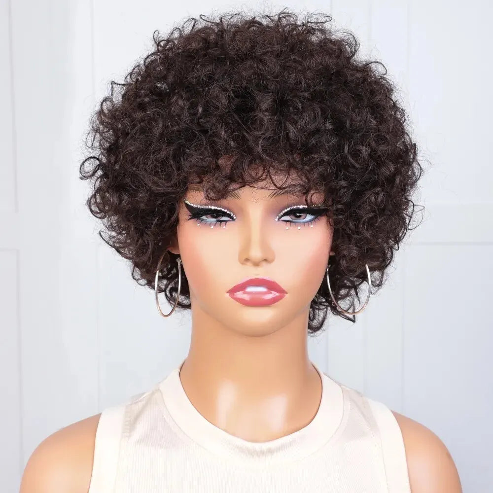 A Perruque Bob Brésilienne Naturelle avec Frange pour Femme, Cheveux Courts, Crépus et Bouclés, Pixie, Afro, Remy Hair Wear and Go, Brun Naturel