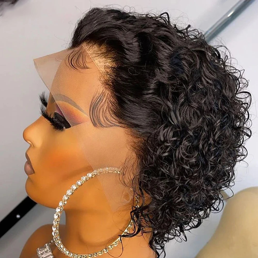 A Perruque Pixie Cut, perruque en dentelle colorée, boucles printanières, cheveux humains courts, coupe au carré, pour femmes, couleur noire naturelle, perruque bon marché, 13x1