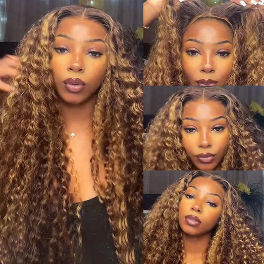 A Perruque Lace Front Wig ombrée en cheveux humains bouclés, perruques brésiliennes bouclées crépues blond miel pré-épilées pour femmes, perruques Lace HD