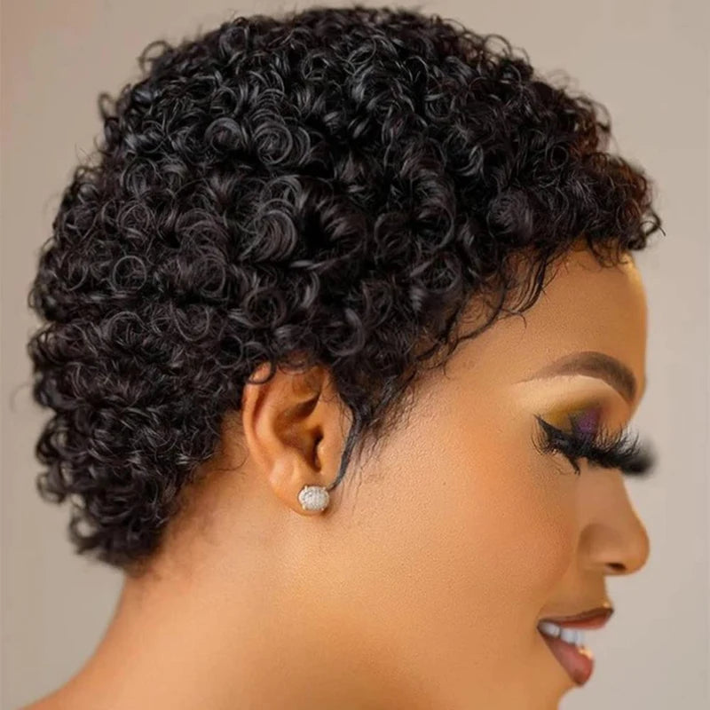 A Perruques de cheveux humains bouclés courts crépus coupe lutin cheveux humains brésiliens pour les femmes noires perruques de cheveux humains bouclés sans colle noir naturel