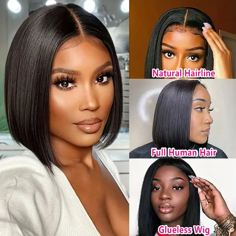 A Perruque Bob Lace Closure Wig 100% naturelle, cheveux courts lisses, 13x4, pre-plucked, sans colle, transparente, 180%