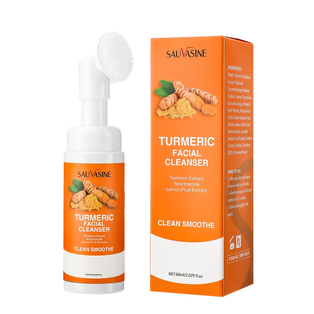 C Nettoyant au curcuma Hydratant Visage Éclaircissant Teint Nettoyant quotidien pour le visage Mousse avec brosse Soin de la peau Propre Extrait de fruit de citron