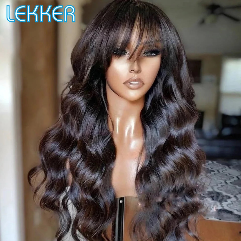 A Lekker-Perruque Brésilienne Naturelle Remy avec Frange pour Femme, Cheveux Longs Ondulés, Sans Colle