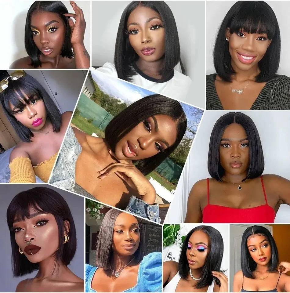 A Perruque Bob Lace Closure Wig 100% naturelle, cheveux courts lisses, 13x4, pre-plucked, sans colle, transparente, 180%