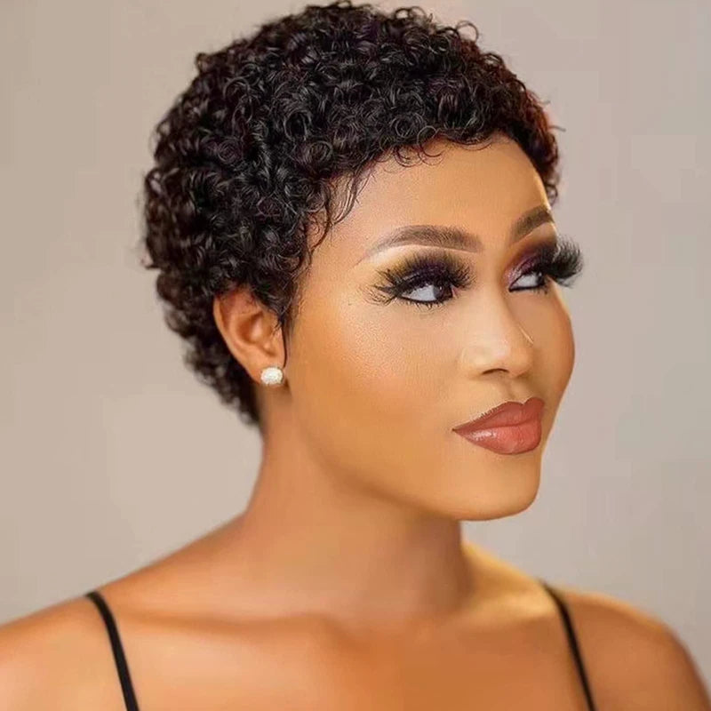 A Perruques de cheveux humains bouclés courts crépus coupe lutin cheveux humains brésiliens pour les femmes noires perruques de cheveux humains bouclés sans colle noir naturel
