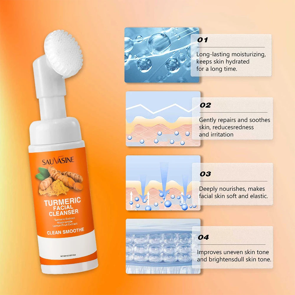 C Nettoyant au curcuma Hydratant Visage Éclaircissant Teint Nettoyant quotidien pour le visage Mousse avec brosse Soin de la peau Propre Extrait de fruit de citron