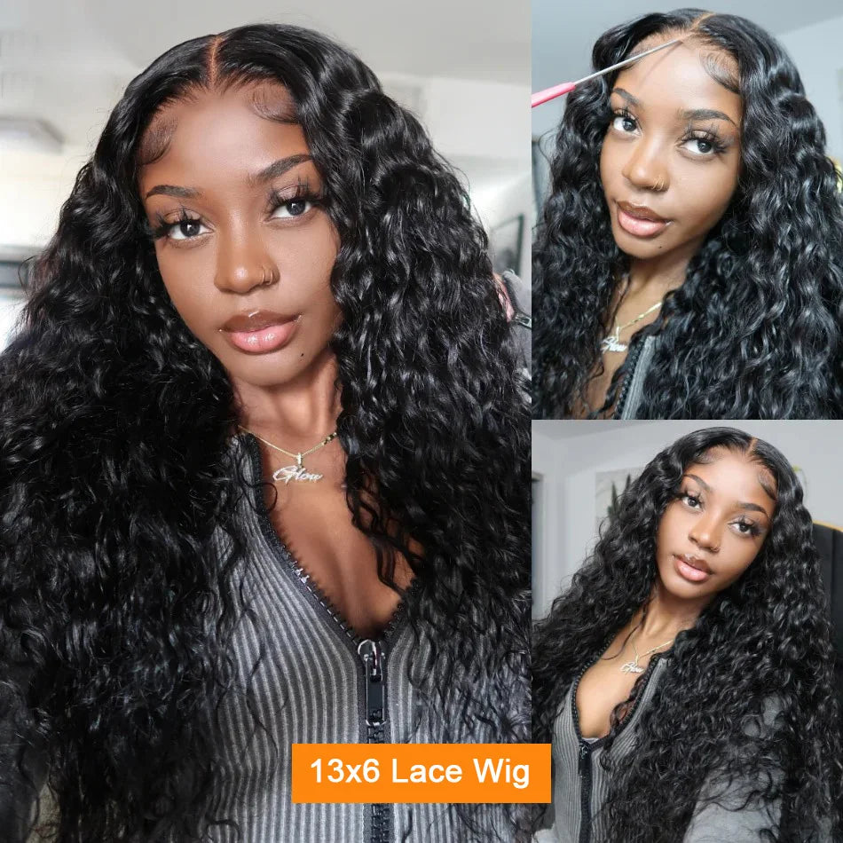 A Perruque Brésilienne Naturelle Bouclée pour Femme, Cheveux Humains, Deep Wave, 13x4, 13x6, Transparent HD