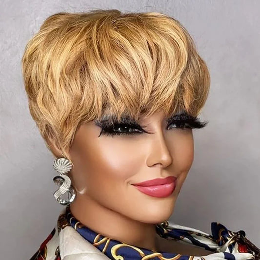 A Perruque courte brune coupe Pixie, cheveux humains pour femmes noires, perruques fabriquées à la machine avec frange, perruque brésilienne colorée, perruques en cheveux humains