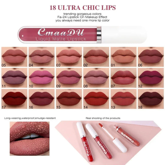 E 18 Couleurs Antiadhésif Coupe Rouge à Lèvres Liquide Anti-Blurse Ne Se Décolore Pas Rouge à Lèvres Velours Mat Brume Brillant à Lèvres Imperméable