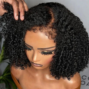 A Perruque courte en cheveux humains bouclés et crépus, coupe au carré, avec bords 4C, avec fermeture transparente 4x4, naissance des cheveux naturelle.