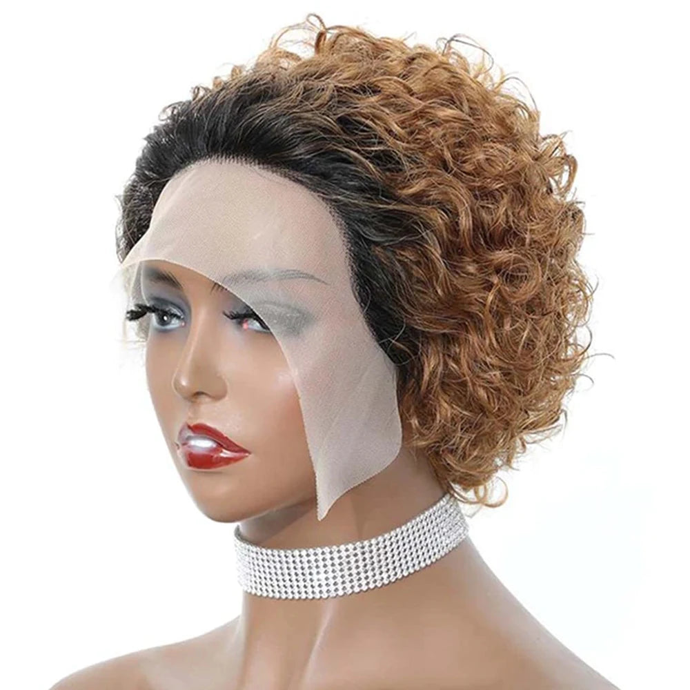 A Perruque Pixie Cut, perruque en dentelle colorée, boucles printanières, cheveux humains courts, coupe au carré, pour femmes, couleur noire naturelle, perruque bon marché, 13x1