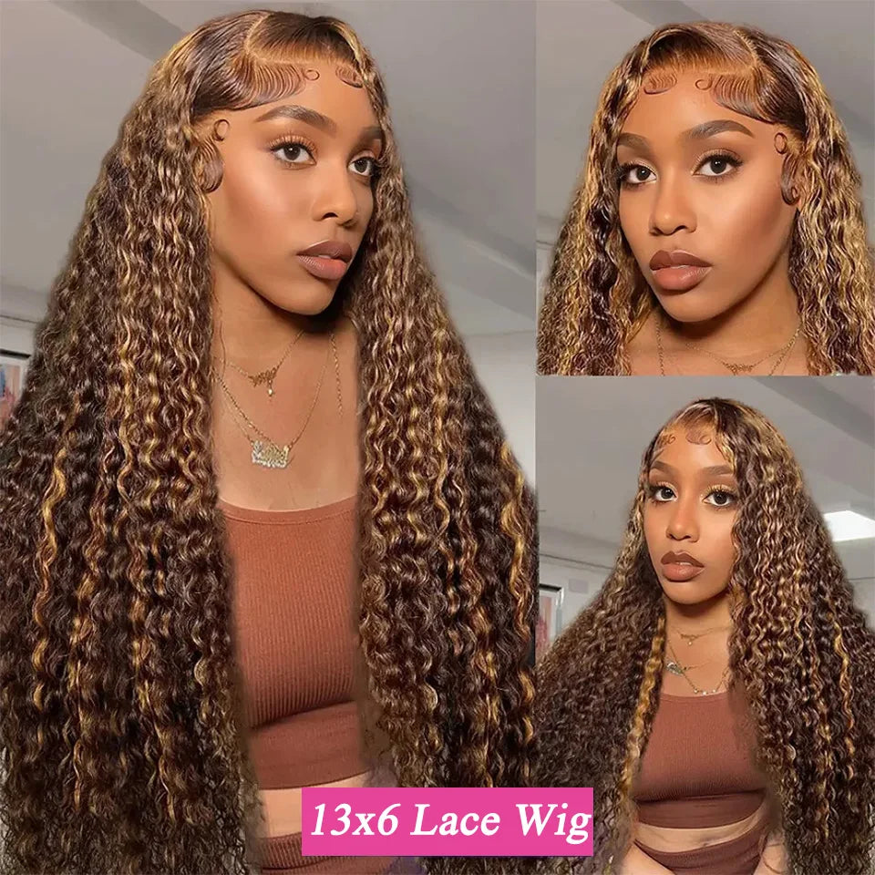 A Perruque Lace Front Wig ombrée en cheveux humains bouclés, perruques brésiliennes bouclées crépues blond miel pré-épilées pour femmes, perruques Lace HD