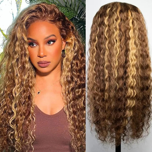 A Perruque Lace Front Wig ombrée en cheveux humains bouclés, perruques brésiliennes bouclées crépues blond miel pré-épilées pour femmes, perruques Lace HD