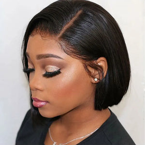 A Perruque Bob Lace Closure Wig 100% naturelle, cheveux courts lisses, 13x4, pre-plucked, sans colle, transparente, 180%
