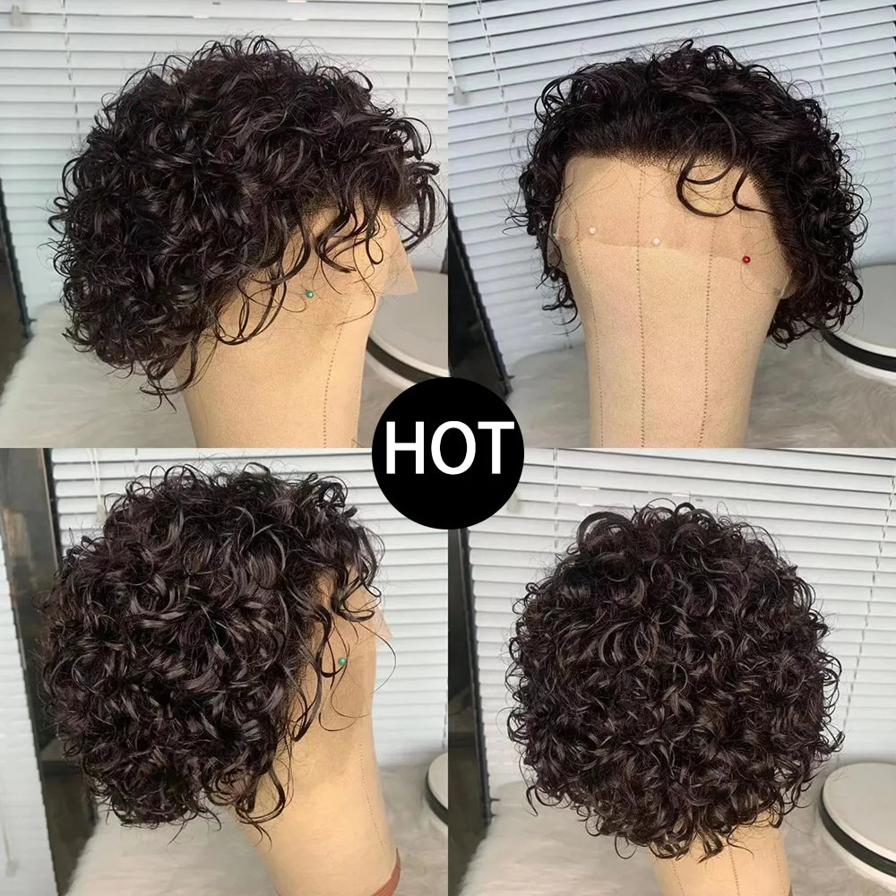 A Perruque Pixie Cut, perruque en dentelle colorée, boucles printanières, cheveux humains courts, coupe au carré, pour femmes, couleur noire naturelle, perruque bon marché, 13x1