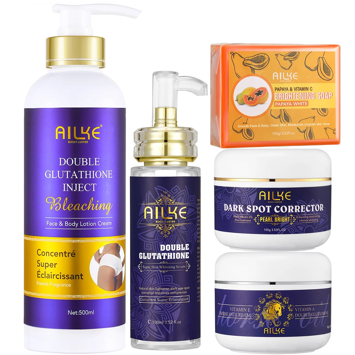C Kit de soins pour la peau 5 en 1 F AILKE Glutathion pour femmes, avec lotion pour le corps, sérum, crème anti-taches brunes, crème pour le corps et savon éclaircissant