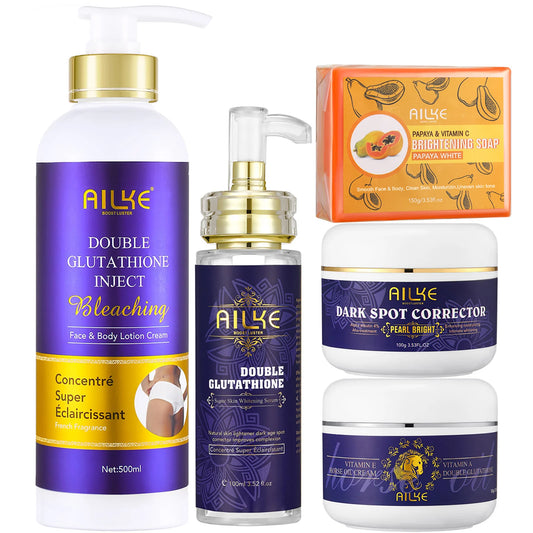 C Kit de soins pour la peau 5 en 1 F AILKE Glutathion pour femmes, avec lotion pour le corps, sérum, crème anti-taches brunes, crème pour le corps et savon éclaircissant