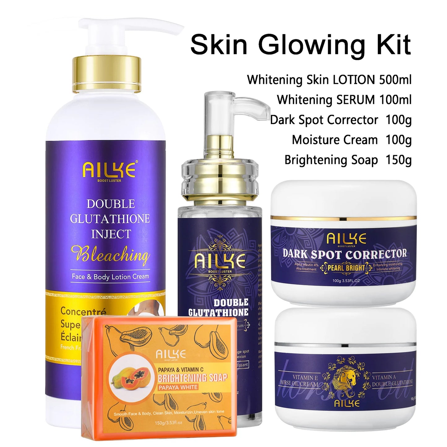 C Kit de soins pour la peau 5 en 1 F AILKE Glutathion pour femmes, avec lotion pour le corps, sérum, crème anti-taches brunes, crème pour le corps et savon éclaircissant