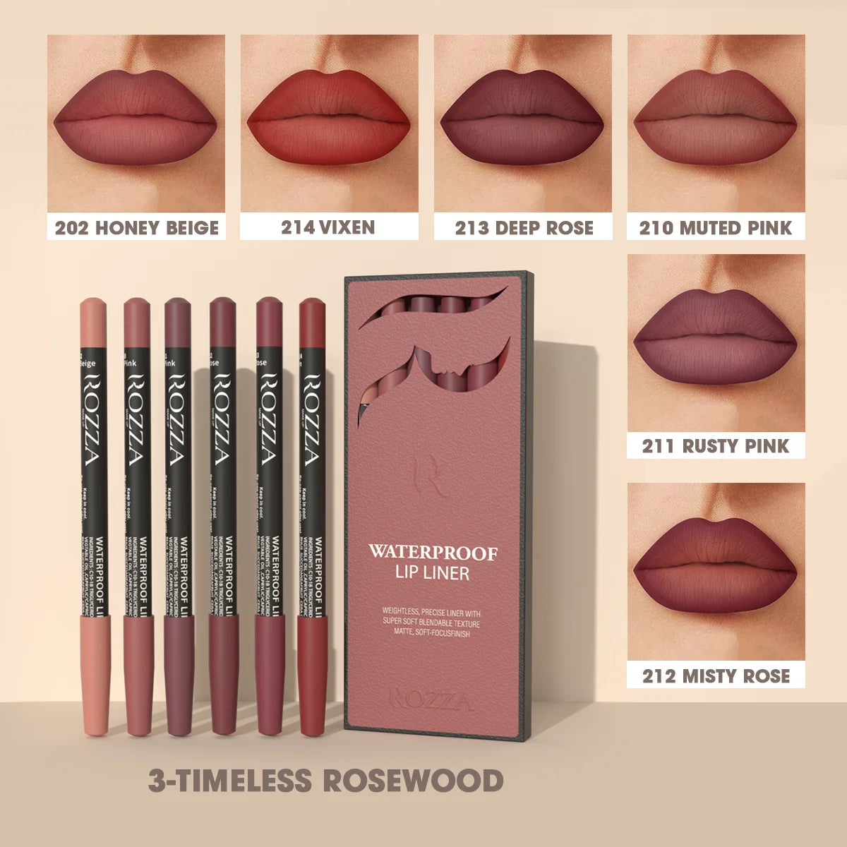 E Coffret crayon à lèvres waterproof WS Rozza, crayon à lèvres léger et précis avec une texture ultra douce et estompable, mat et doux
