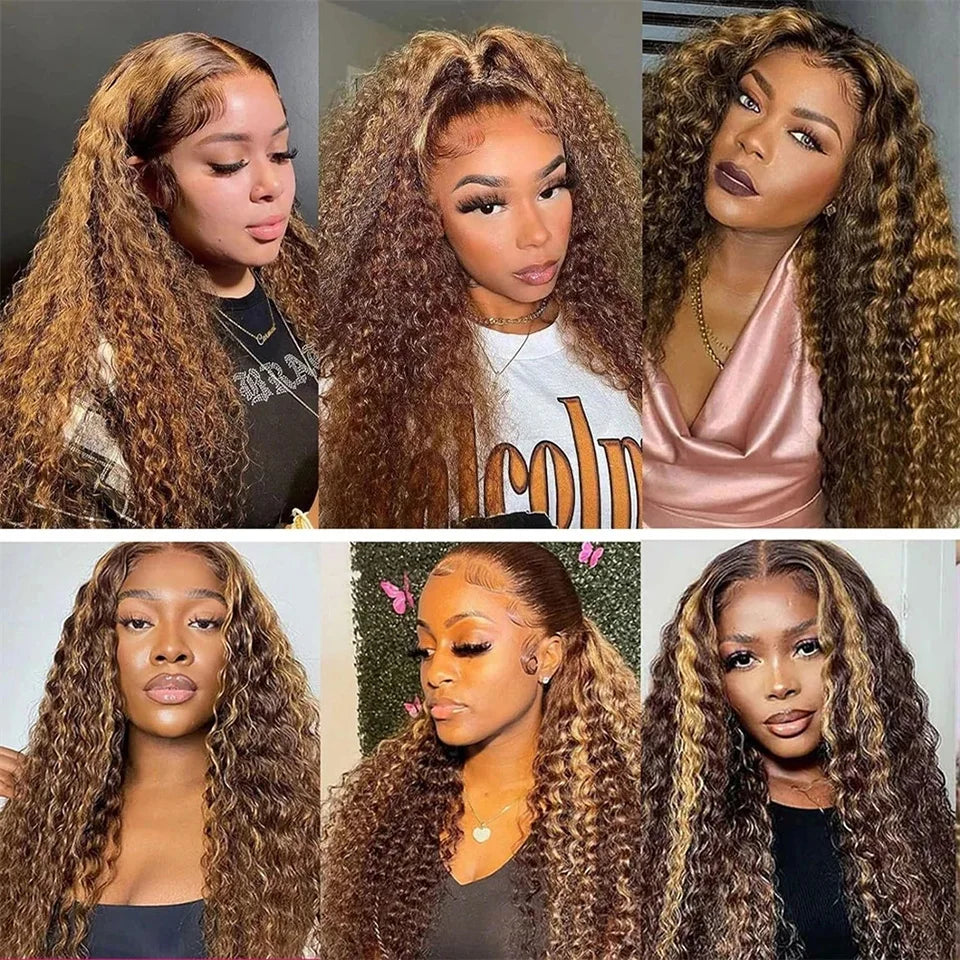 A Perruque Lace Front Wig ombrée en cheveux humains bouclés, perruques brésiliennes bouclées crépues blond miel pré-épilées pour femmes, perruques Lace HD