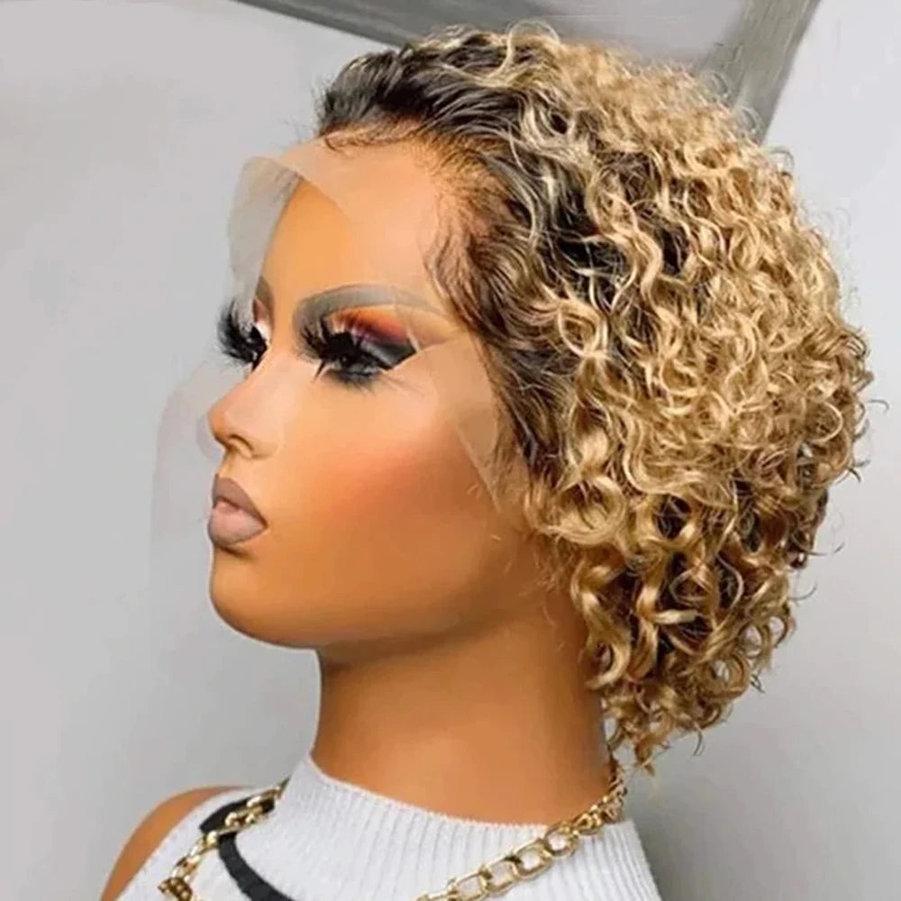 A Perruque Pixie Cut, perruque en dentelle colorée, boucles printanières, cheveux humains courts, coupe au carré, pour femmes, couleur noire naturelle, perruque bon marché, 13x1
