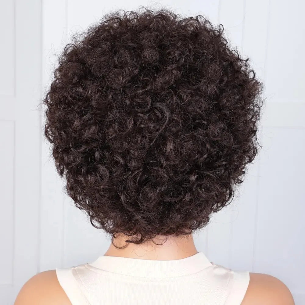 A Perruque Bob Brésilienne Naturelle avec Frange pour Femme, Cheveux Courts, Crépus et Bouclés, Pixie, Afro, Remy Hair Wear and Go, Brun Naturel