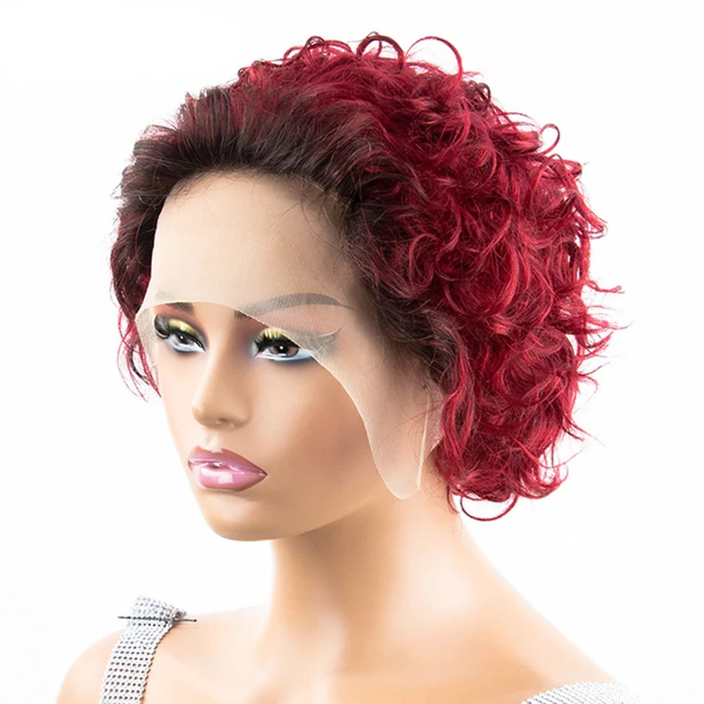 A Perruque Pixie Cut, perruque en dentelle colorée, boucles printanières, cheveux humains courts, coupe au carré, pour femmes, couleur noire naturelle, perruque bon marché, 13x1