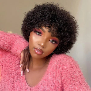 A Perruque Bob Brésilienne Naturelle avec Frange pour Femme, Cheveux Courts, Crépus et Bouclés, Pixie, Afro, Remy Hair Wear and Go, Brun Naturel