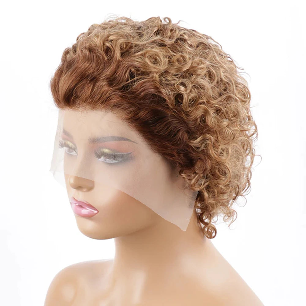 A Perruque Pixie Cut, perruque en dentelle colorée, boucles printanières, cheveux humains courts, coupe au carré, pour femmes, couleur noire naturelle, perruque bon marché, 13x1