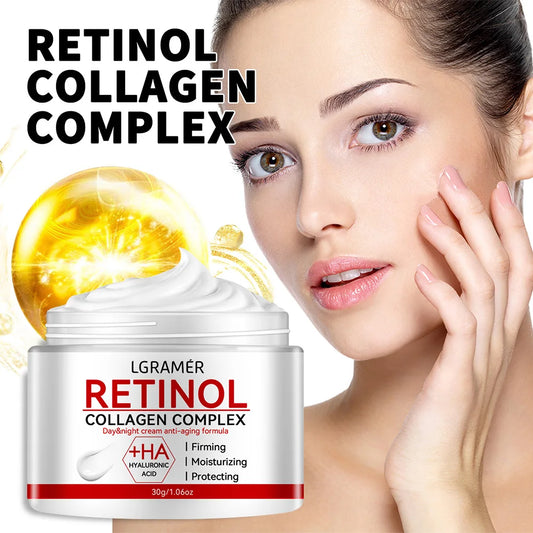 Crème raffermissante au rétinol et collagène pour lisser les rides et hydrater la peau.