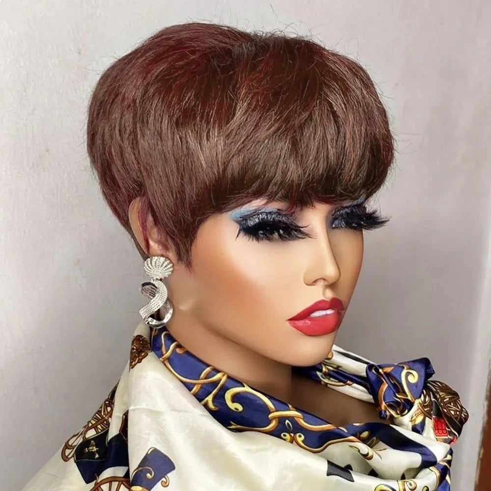 A Perruque courte brune coupe Pixie, cheveux humains pour femmes noires, perruques fabriquées à la machine avec frange, perruque brésilienne colorée, perruques en cheveux humains