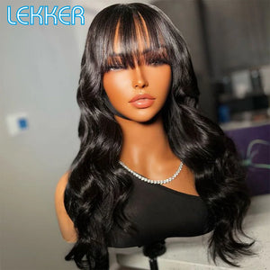 A Lekker-Perruque Brésilienne Naturelle Remy avec Frange pour Femme, Cheveux Longs Ondulés, Sans Colle