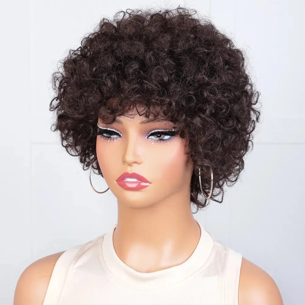 A Perruque Bob Brésilienne Naturelle avec Frange pour Femme, Cheveux Courts, Crépus et Bouclés, Pixie, Afro, Remy Hair Wear and Go, Brun Naturel