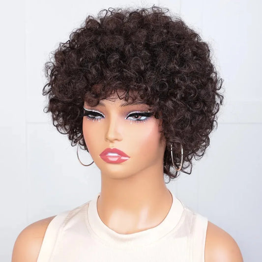 A Perruque Bob Brésilienne Naturelle avec Frange pour Femme, Cheveux Courts, Crépus et Bouclés, Pixie, Afro, Remy Hair Wear and Go, Brun Naturel
