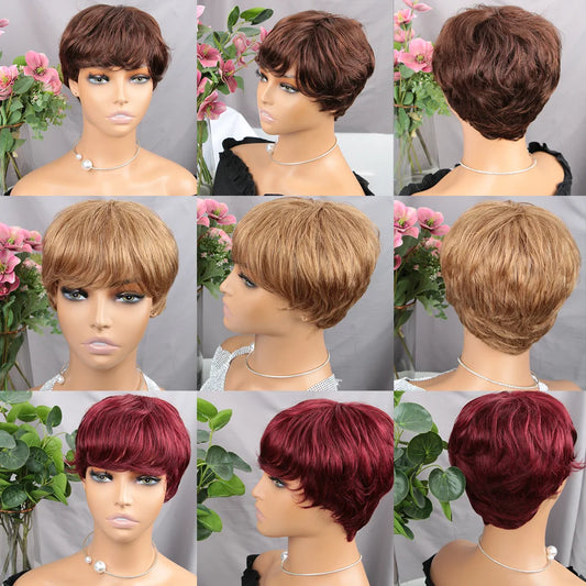 A Perruque courte brune coupe Pixie, cheveux humains pour femmes noires, perruques fabriquées à la machine avec frange, perruque brésilienne colorée, perruques en cheveux humains