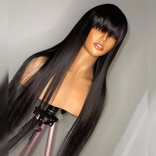 A Perruques brésiliennes longues et lisses 100 % cheveux humains avec frange, perruques noires naturelles avec frange pour femmes, perruques bon marché en vente