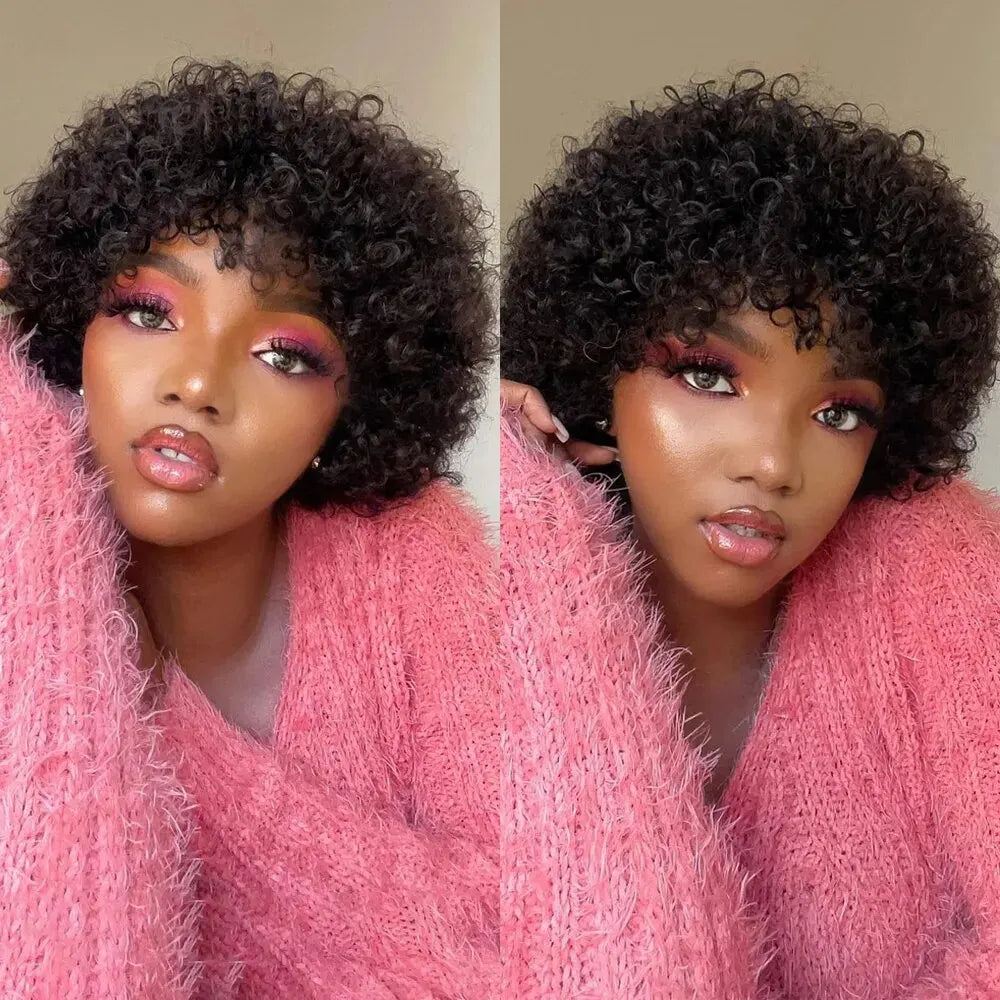 A Perruque Bob Brésilienne Naturelle avec Frange pour Femme, Cheveux Courts, Crépus et Bouclés, Pixie, Afro, Remy Hair Wear and Go, Brun Naturel